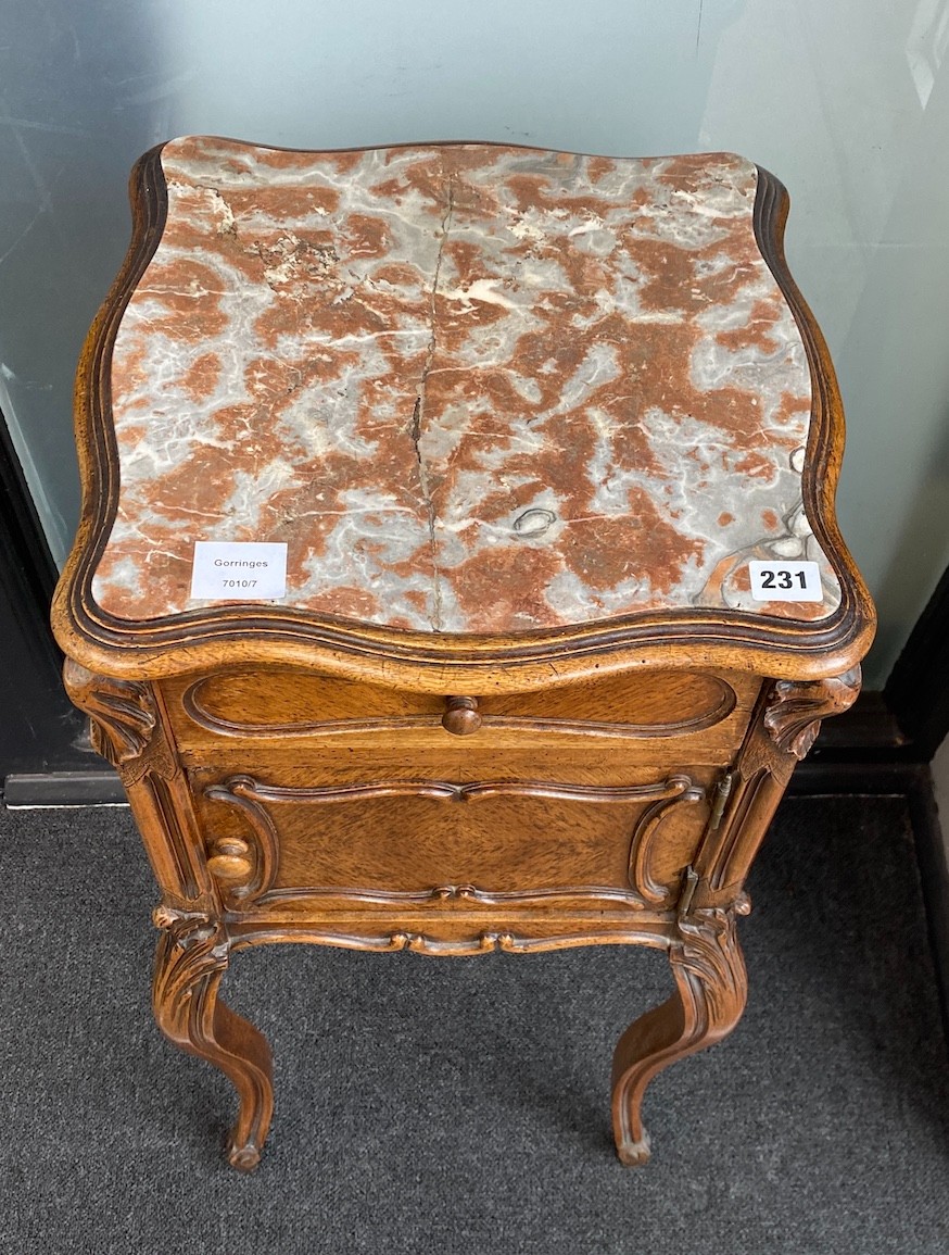 A 19th century French marble topped bedside cabinet, width 37cm, depth 38cm, height 84cm